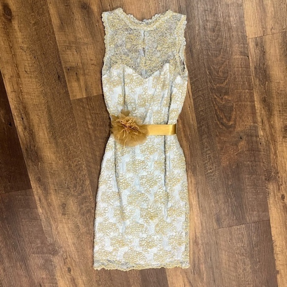 Shani lace dress womens size 4 light blue and gold sheer neckline floral